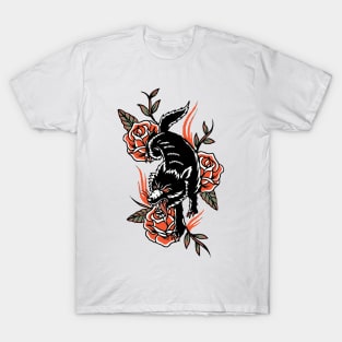 American Traditional Tattoo of Black Wolf on Red Roses with Flames T-Shirt